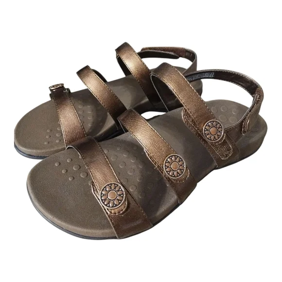 Vionic Cathy Bronze 3 Strap Leather Arch Support Comfort Boho Sandal 38W/US 7W - Picture 1 of 9